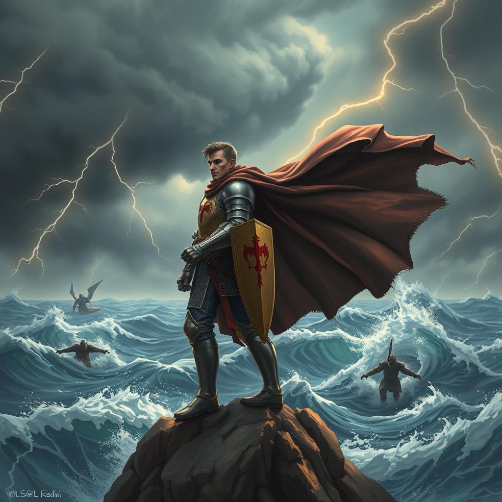 A powerful and inspiring image depicting a gallant knight standing resolutely on a rocky cliff, gazing out over a turbulent ocean under a stormy sky