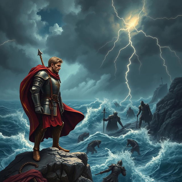 A powerful and inspiring image depicting a gallant knight standing resolutely on a rocky cliff, gazing out over a turbulent ocean under a stormy sky