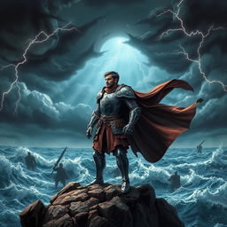 A powerful and inspiring image depicting a gallant knight standing resolutely on a rocky cliff, gazing out over a turbulent ocean under a stormy sky