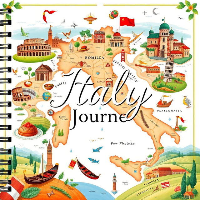 A beautifully designed travel journal cover page featuring an intricate map of Italy as the main background element