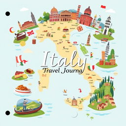 A beautifully designed travel journal cover page featuring an intricate map of Italy as the main background element