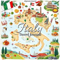 A beautifully designed travel journal cover page featuring an intricate map of Italy as the main background element