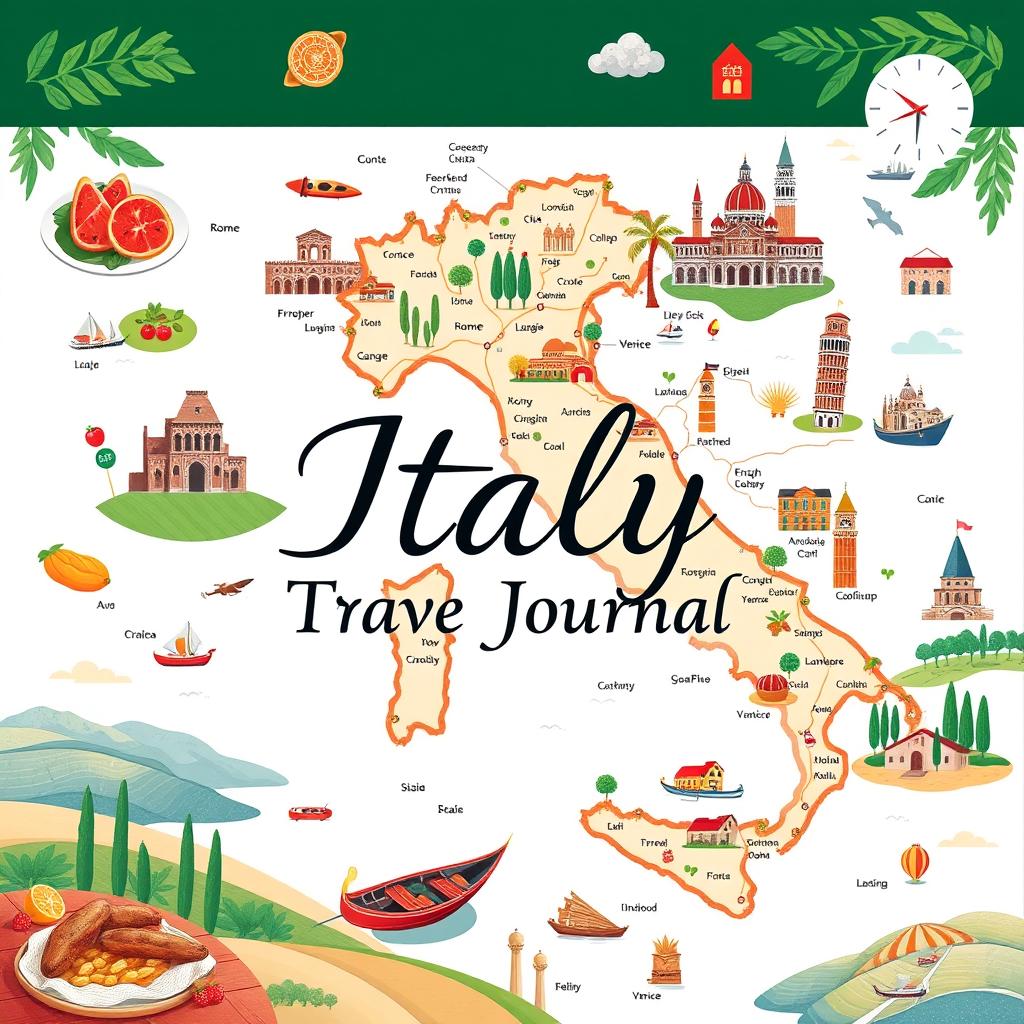 A beautifully designed travel journal cover page featuring an intricate map of Italy as the main background element