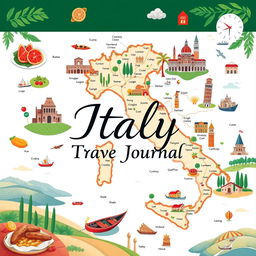 A beautifully designed travel journal cover page featuring an intricate map of Italy as the main background element