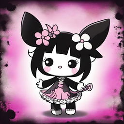 A high-quality digital art image featuring Kuromi from 'Onegai My Melody' in a unique metal-inspired style