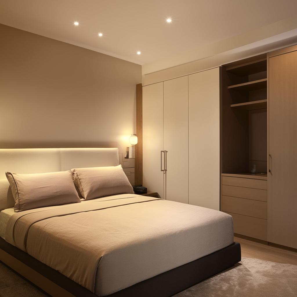 A tastefully designed bedroom featuring a plush queen-size bed accented with soft lighting, a modern study table equipped with essentials, and a sleek, spacious wardrobe.