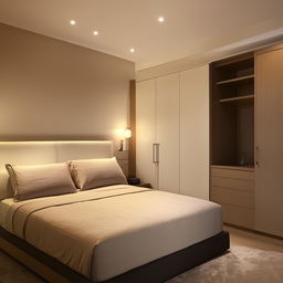 A tastefully designed bedroom featuring a plush queen-size bed accented with soft lighting, a modern study table equipped with essentials, and a sleek, spacious wardrobe.