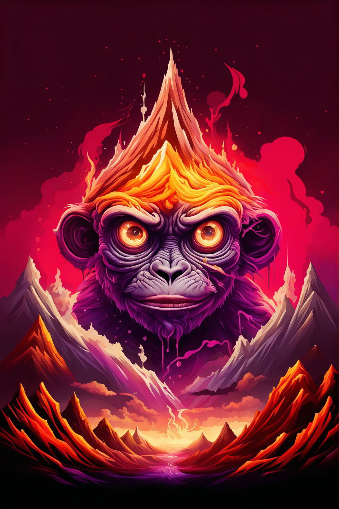 A high-quality digital art image featuring a lifelike volcano and monkey