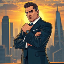 A striking thumbnail illustration of a wealthy and powerful man, exuding confidence and charisma