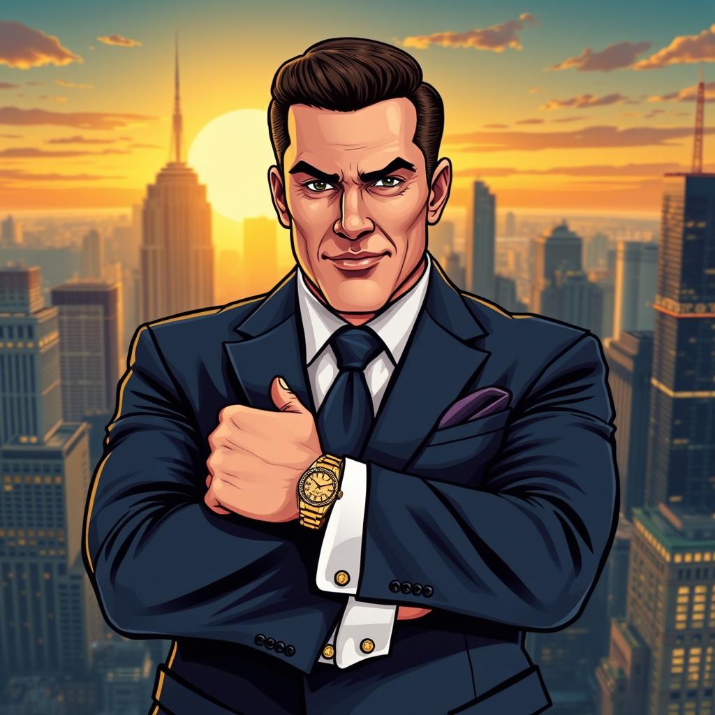 A striking thumbnail illustration of a wealthy and powerful man, exuding confidence and charisma