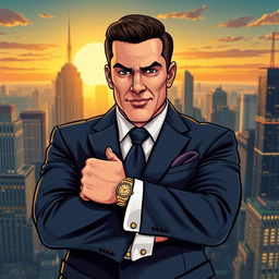A striking thumbnail illustration of a wealthy and powerful man, exuding confidence and charisma