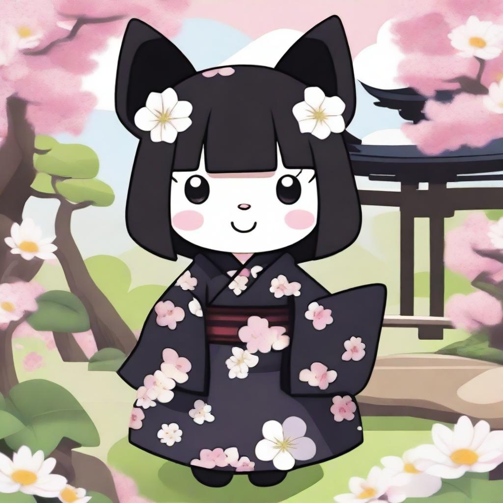 A high-quality digital art image featuring Kuromi from 'Onegai My Melody' in a traditional Japanese setting