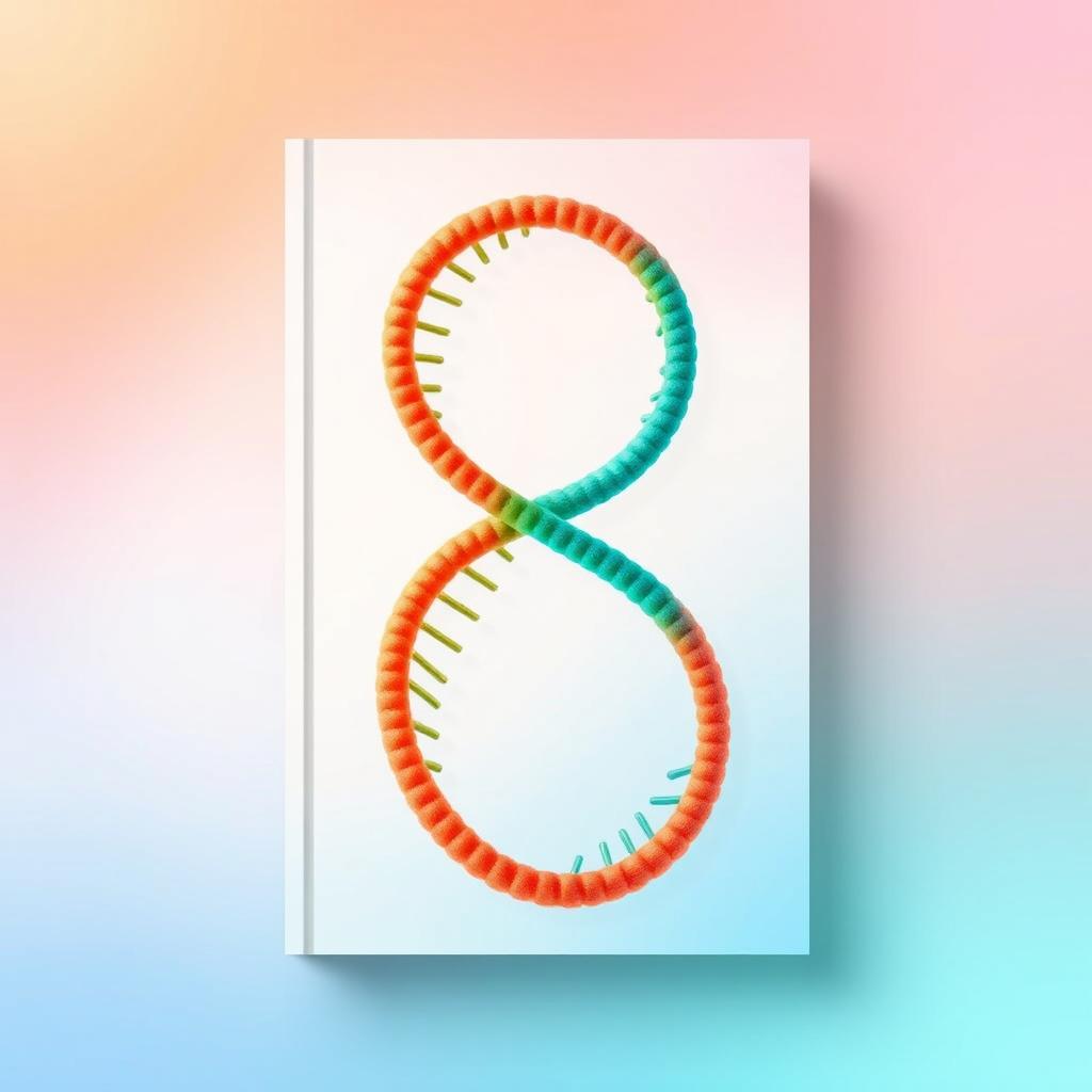 A vibrant book cover design featuring the number '8' elegantly rendered from a DNA double helix