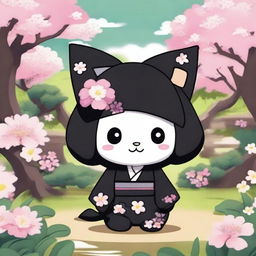 A high-quality digital art image featuring Kuromi from 'Onegai My Melody' in a traditional Japanese setting