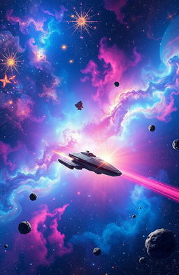 A stunning cosmic scene depicting a vast universe filled with twinkling stars, colorful nebulas, swirling galaxies, and distant planets
