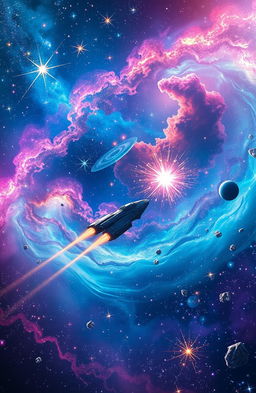 A stunning cosmic scene depicting a vast universe filled with twinkling stars, colorful nebulas, swirling galaxies, and distant planets