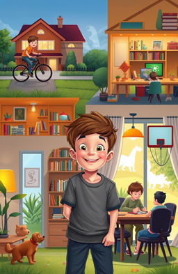 A day in the life of a middle-class boy, featuring him participating in various daily activities such as riding his bike in a suburban neighborhood, playing video games with friends, studying at a desk filled with books, and enjoying family time at a dining table
