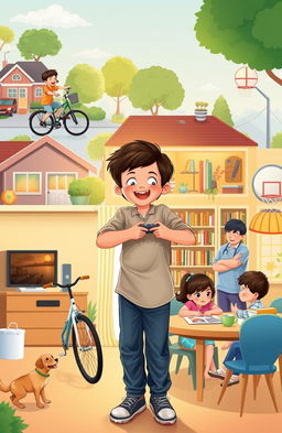 A day in the life of a middle-class boy, featuring him participating in various daily activities such as riding his bike in a suburban neighborhood, playing video games with friends, studying at a desk filled with books, and enjoying family time at a dining table