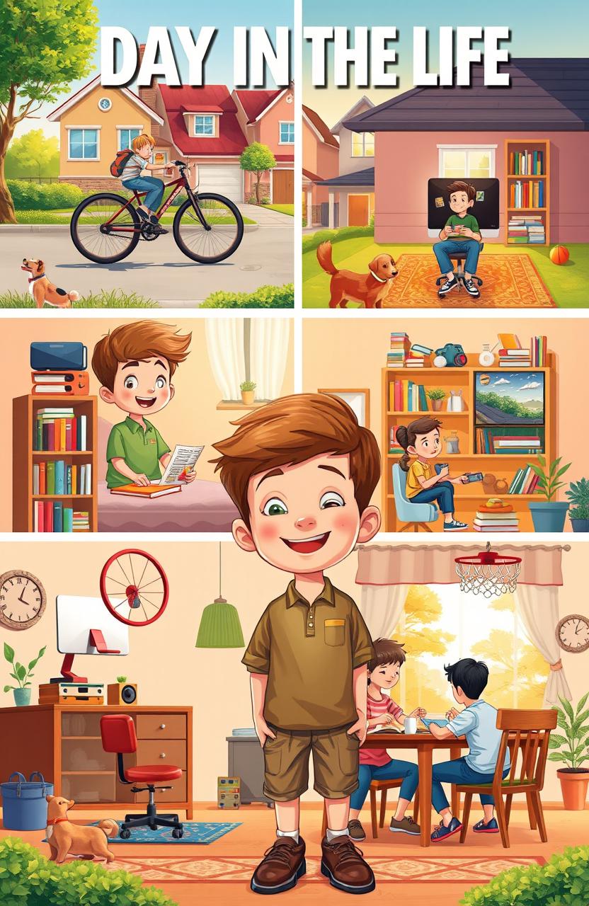 A day in the life of a middle-class boy, featuring him participating in various daily activities such as riding his bike in a suburban neighborhood, playing video games with friends, studying at a desk filled with books, and enjoying family time at a dining table