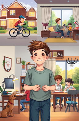 A day in the life of a middle-class boy, featuring him participating in various daily activities such as riding his bike in a suburban neighborhood, playing video games with friends, studying at a desk filled with books, and enjoying family time at a dining table