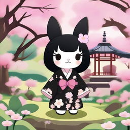 A high-quality digital art image featuring Kuromi from 'Onegai My Melody' in a traditional Japanese setting