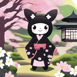 A high-quality digital art image featuring Kuromi from 'Onegai My Melody' in a traditional Japanese setting