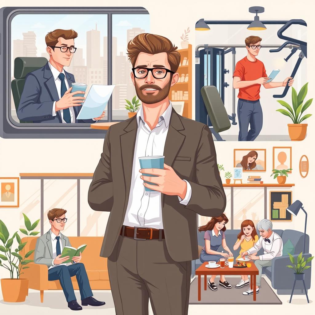 A day in the life of a middle-class man, illustrating him in various settings such as commuting to work in a city, engaging in office meetings, having a coffee break at a local café, exercising at a gym, and spending quality time with family in a cozy living room