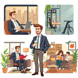 A day in the life of a middle-class man, illustrating him in various settings such as commuting to work in a city, engaging in office meetings, having a coffee break at a local café, exercising at a gym, and spending quality time with family in a cozy living room