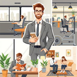 A day in the life of a middle-class man, illustrating him in various settings such as commuting to work in a city, engaging in office meetings, having a coffee break at a local café, exercising at a gym, and spending quality time with family in a cozy living room