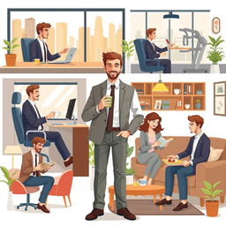 A day in the life of a middle-class man, illustrating him in various settings such as commuting to work in a city, engaging in office meetings, having a coffee break at a local café, exercising at a gym, and spending quality time with family in a cozy living room