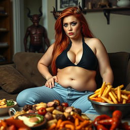 A beautiful, sexy, curvy girl with long flame red hair and bright colored face makeup, looking anxious while sitting on a couch