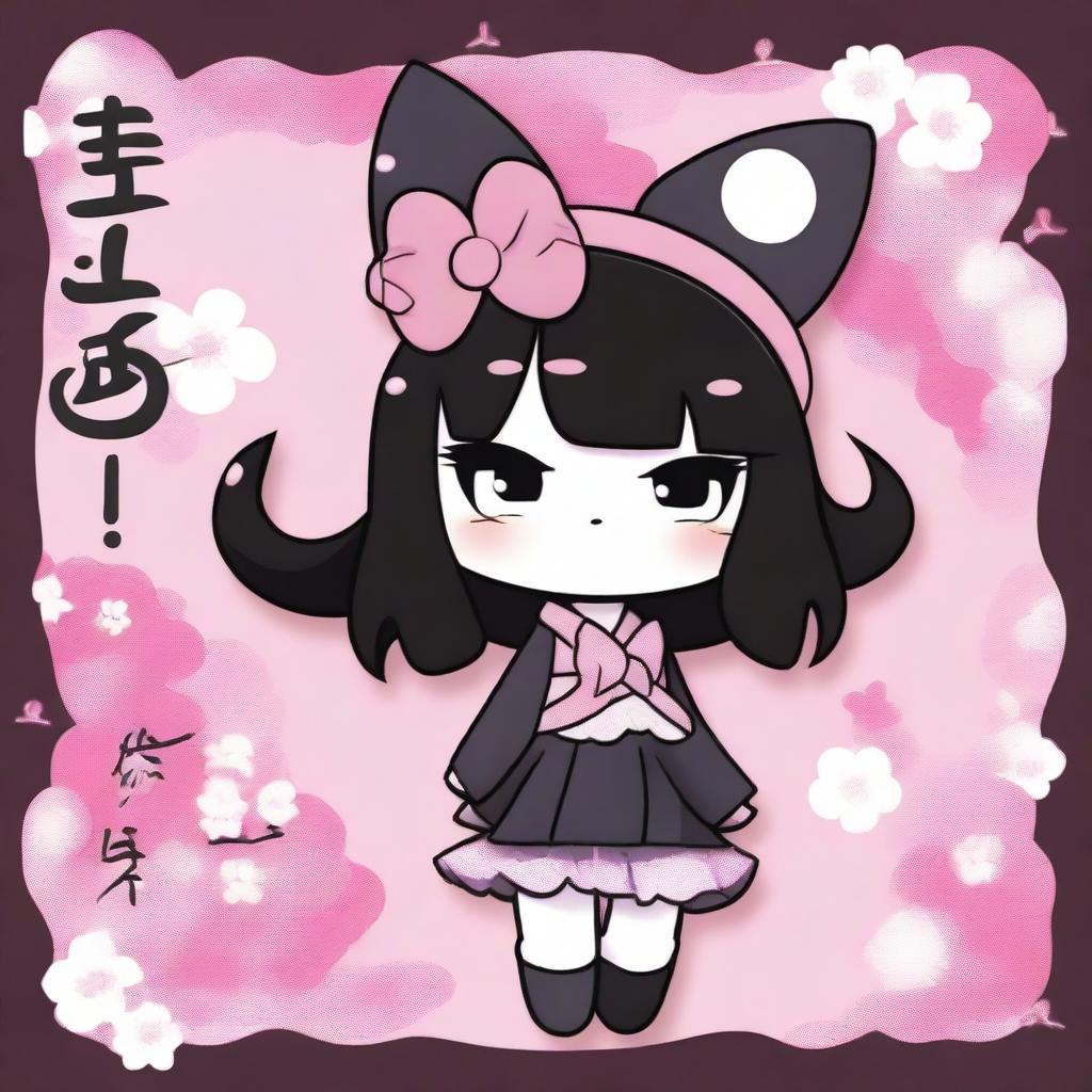 A high-quality digital illustration of Kuromi from the anime 'Onegai My Melody', depicted in her iconic style against a traditional Japanese background