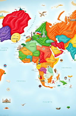 A stunning and vibrant world map showcasing all countries, with each country represented in its national colors and symbols