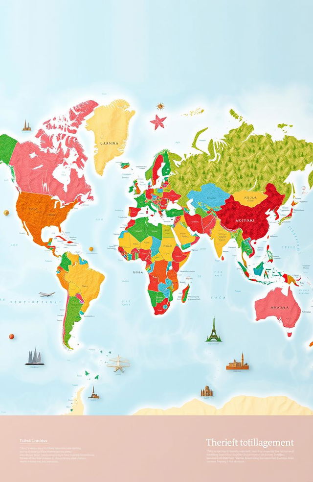 A stunning and vibrant world map showcasing all countries, with each country represented in its national colors and symbols