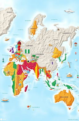 A stunning and vibrant world map showcasing all countries, with each country represented in its national colors and symbols