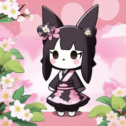 A high-quality digital illustration of Kuromi from the anime 'Onegai My Melody', depicted in her iconic style against a traditional Japanese background