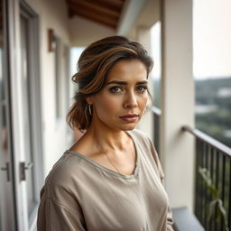 A beautiful Colombian woman aged between 40 and 45, with a fashionable hairstyle, standing in full view on a balcony