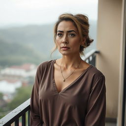 A beautiful Colombian woman aged between 40 and 45, with a fashionable hairstyle, standing in full view on a balcony