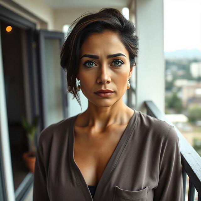 A beautiful Colombian woman aged between 40 and 45, with a fashionable hairstyle, standing in full view on a balcony