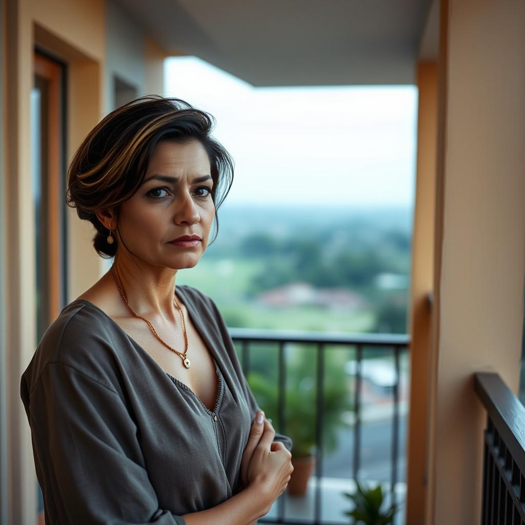 A beautiful Colombian woman aged between 40 and 45, with a fashionable hairstyle, standing in full view on a balcony