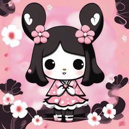 A high-quality digital illustration of Kuromi from the anime 'Onegai My Melody', depicted in her iconic style against a traditional Japanese background