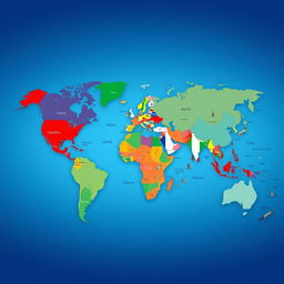 A captivating world map that visually represents all countries, utilizing their distinct national colors and symbols