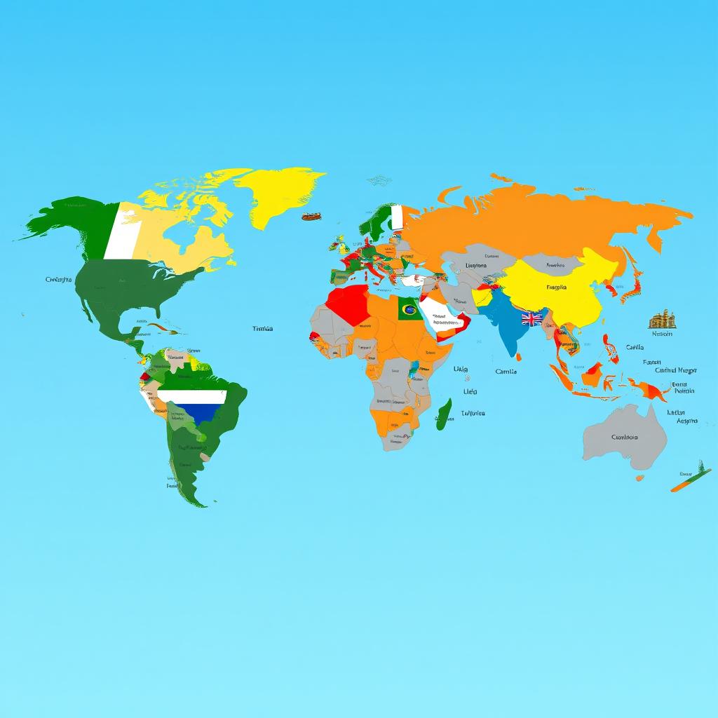 A captivating world map that visually represents all countries, utilizing their distinct national colors and symbols