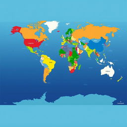 A captivating world map that visually represents all countries, utilizing their distinct national colors and symbols