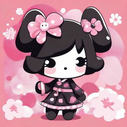 A high-quality digital illustration of Kuromi from the anime 'Onegai My Melody', depicted in her iconic style against a traditional Japanese background