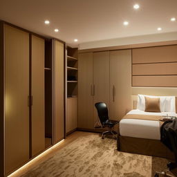 A tastefully designed bedroom featuring a plush queen-size bed accented with soft lighting, a modern study table equipped with essentials, and a sleek, spacious wardrobe.