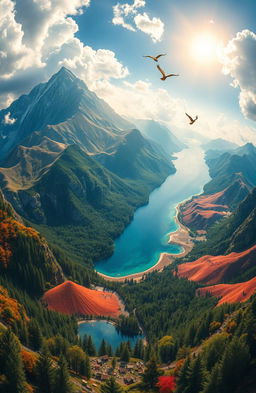 A stunning, high-resolution view of a vibrant world landscape, combining elements from different environments such as lush forests, towering mountains, serene oceans, and colorful deserts