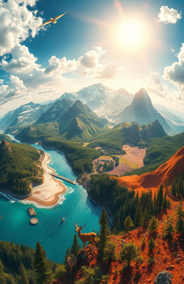 A stunning, high-resolution view of a vibrant world landscape, combining elements from different environments such as lush forests, towering mountains, serene oceans, and colorful deserts