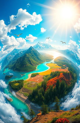A stunning, high-resolution view of a vibrant world landscape, combining elements from different environments such as lush forests, towering mountains, serene oceans, and colorful deserts