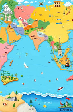A detailed and vibrant illustration of a world map showcasing all countries clearly marked with distinct colors